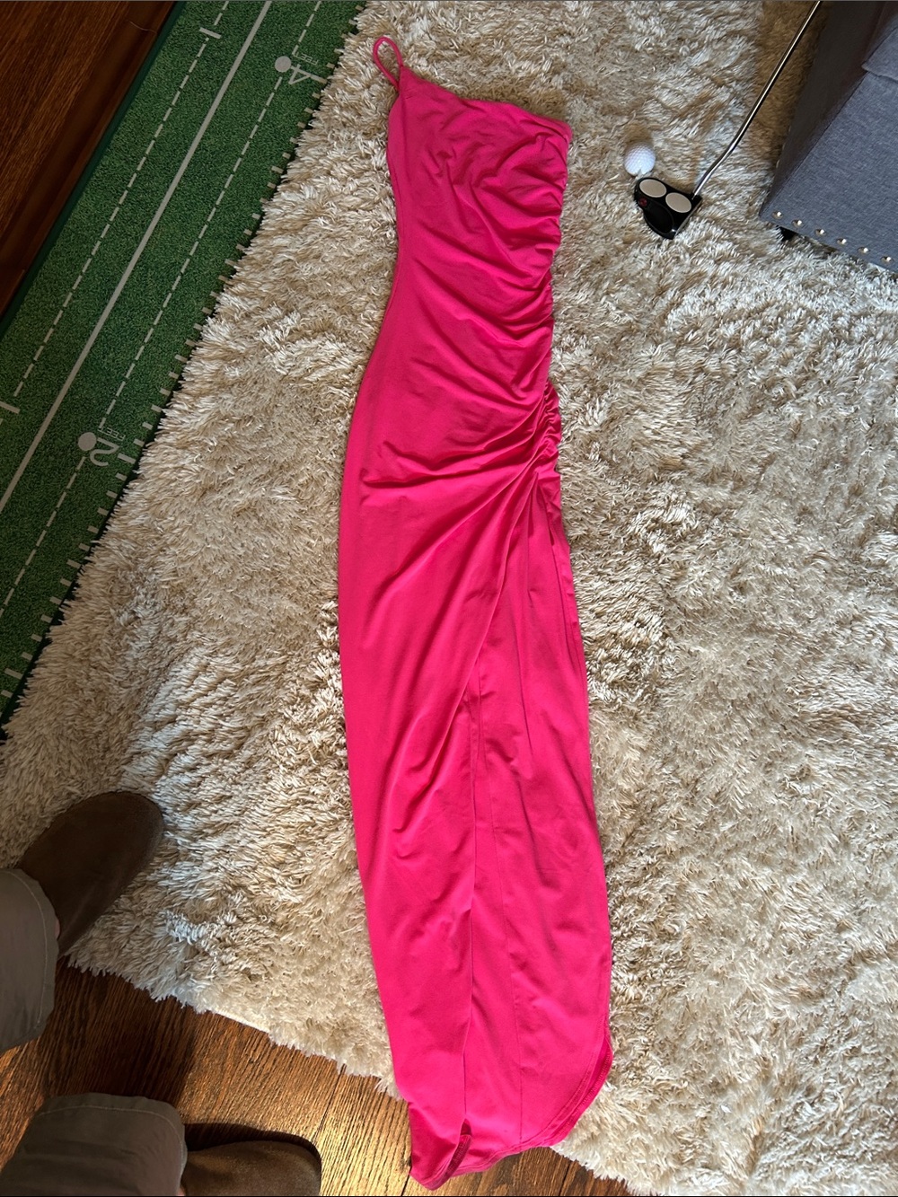 Nookie One-Shoulder Ruched Maxi Dress in Hot Pink
